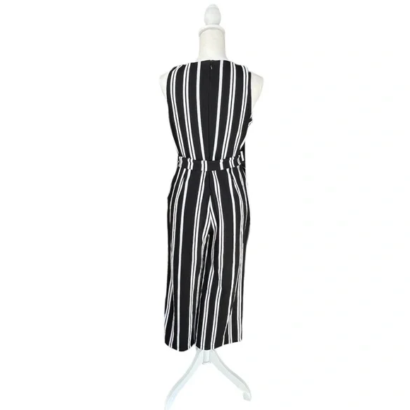 Ann Taylor Black & White Striped Tie Waist Wide Leg Cropped Jumpsuit | Size S - Picture 7 of 9